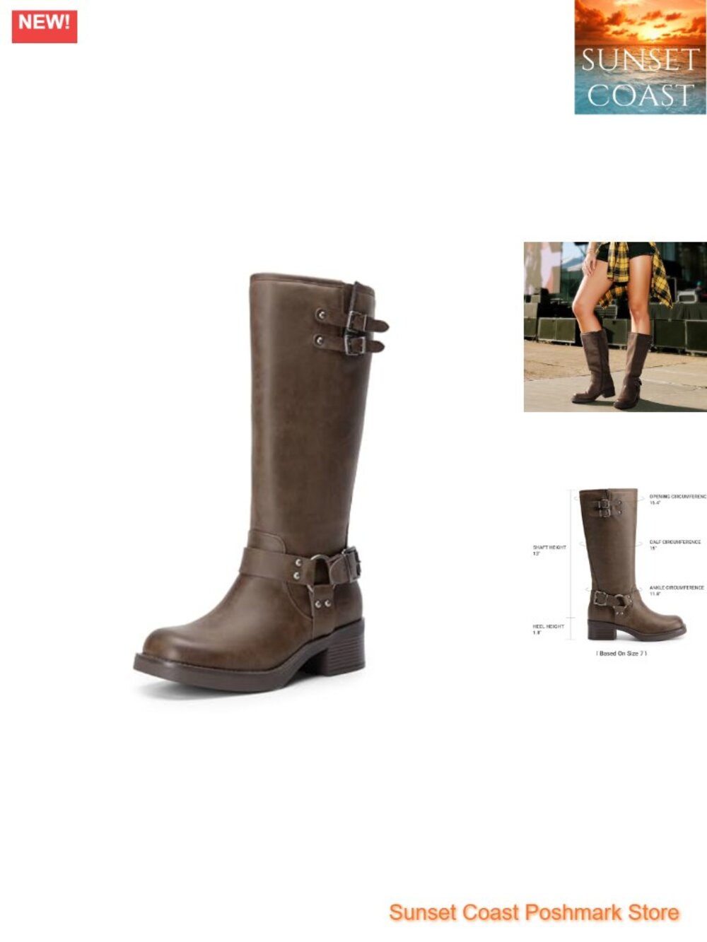 Women's Knee High Moto Boots Square Toe 2in Block Heel Faux Leather Buckle